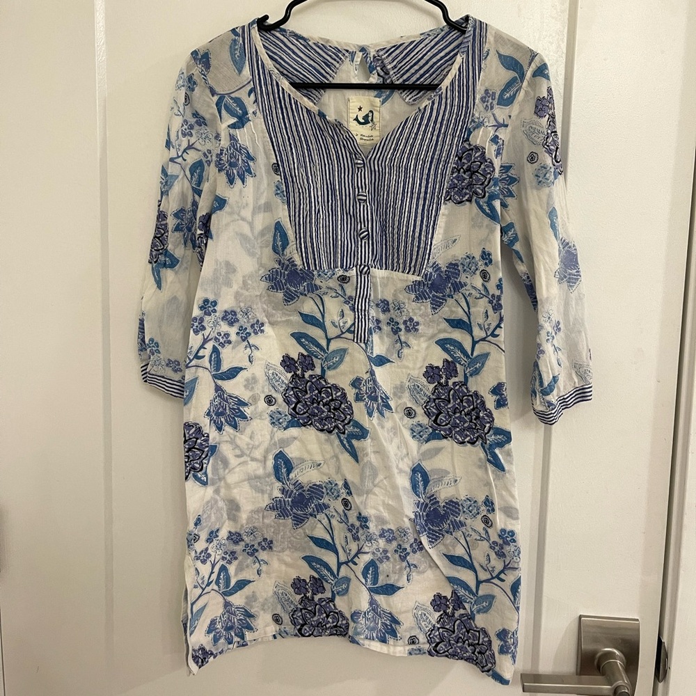 Anthropologie Mermaid Brand Boho White Tunic Coverup Gauzy Blue Floral Print
